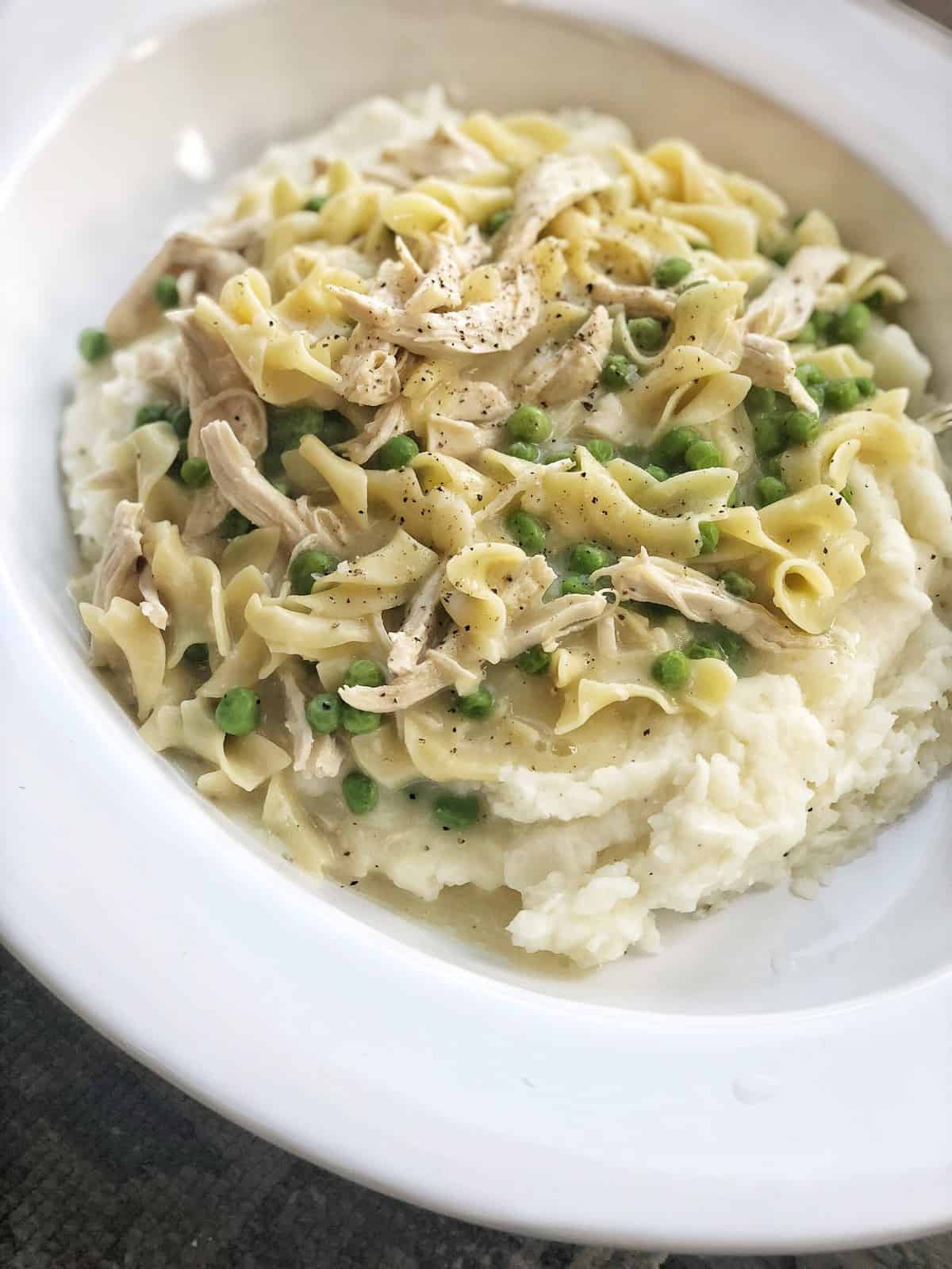 Indiana Chicken & Noodles Over Mashed Potatoes