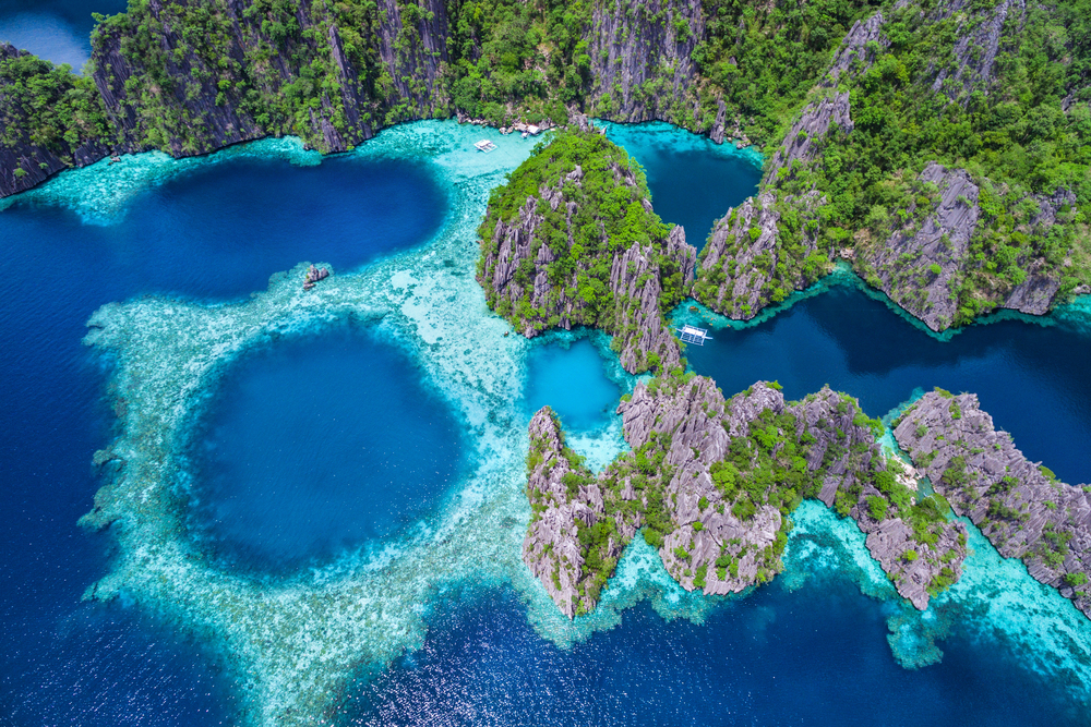 Coron, Palawan, Philippines, aerial view of beautiful lagoons and limestone cliffs