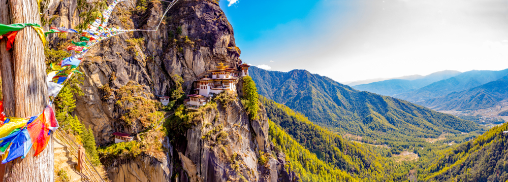 A panoramic view of the Tiger's Nest monastery also known as the Paro Taktsang and the surrounding area