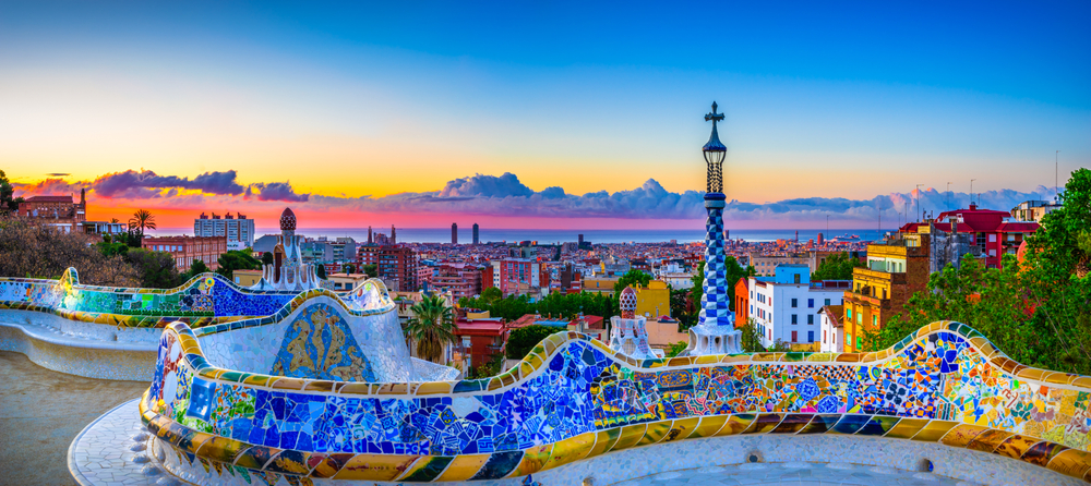 Skyline panoramic view of Barcelona at sunrise