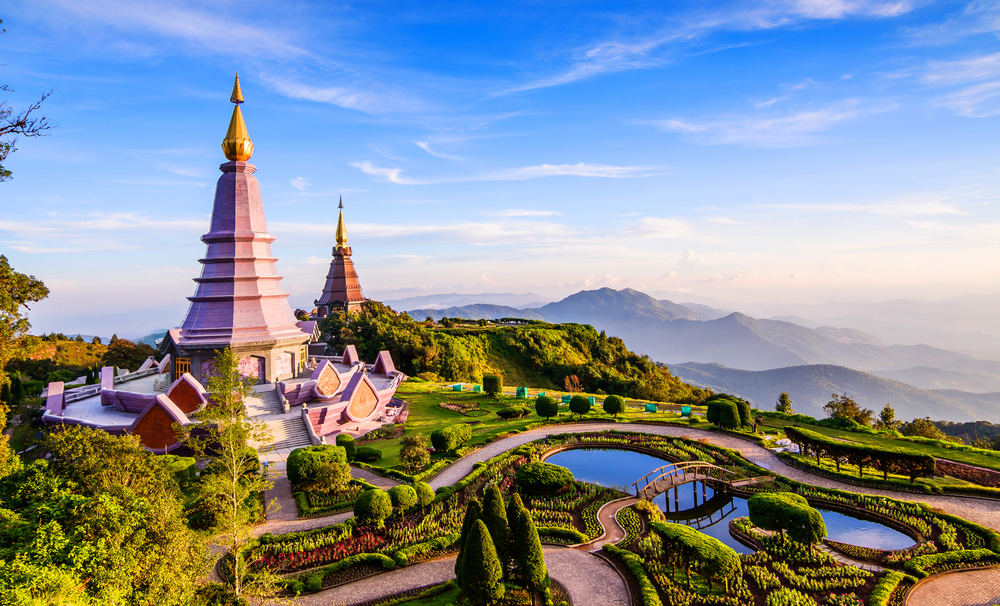 Landscape of two Pagoda on the top of Inthanon Mountain in Chiang Main