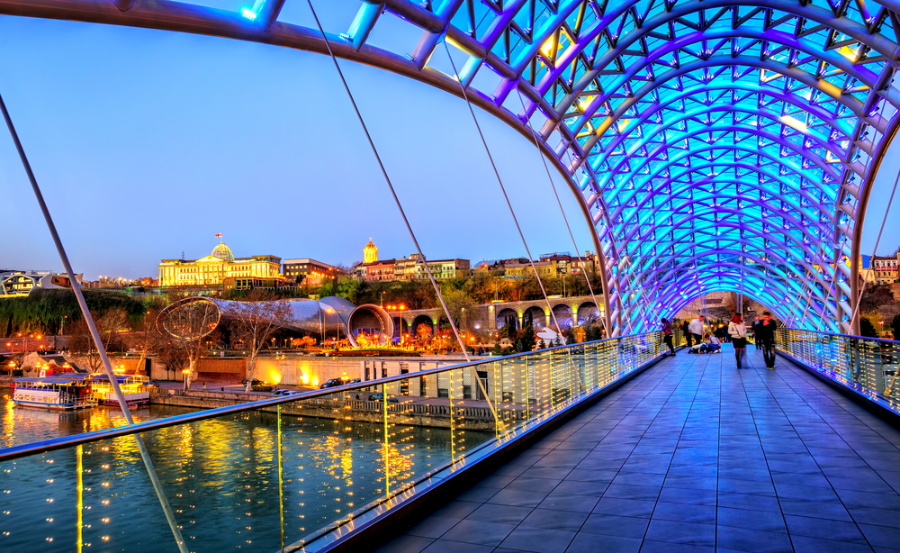 View over the Modern Glass Peace Bridge to The President in Tbilisi