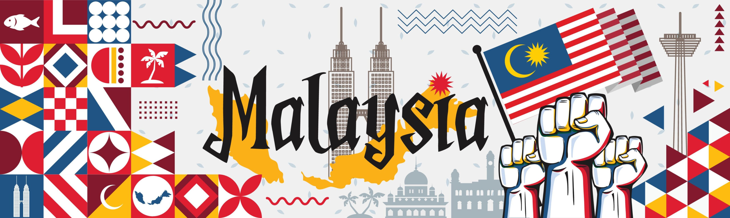 Malaysia National day or Hari Merdeka banner with retro abstract geometric shapes