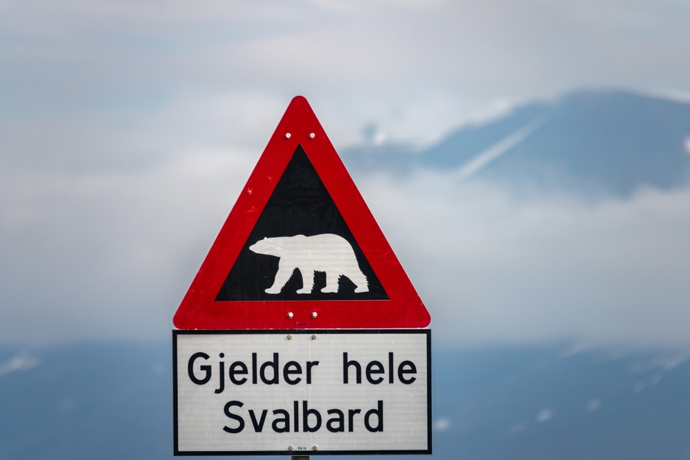 Signpost indicating the begin of the polar bear danger area in Longyearbyen, the world's northernmost settlement, Spitsbergen, Svalbard, Norway