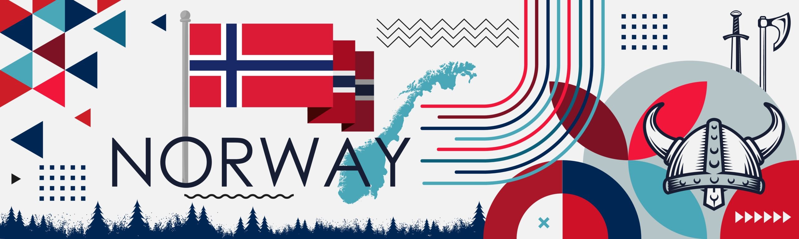 Norway national day banner design. Norwegian flag and map theme with Oslo Viking helmet background. 