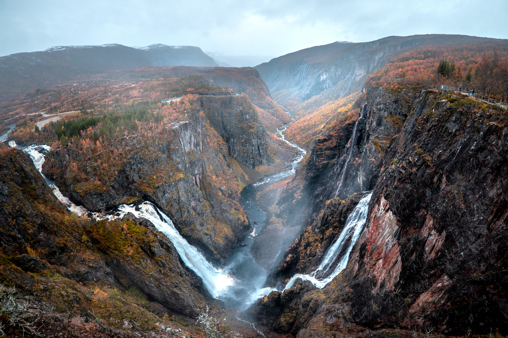 Vøringsfossen, the most famous waterfall in Norway, with a free fall of 145m, and a total fall of 182m