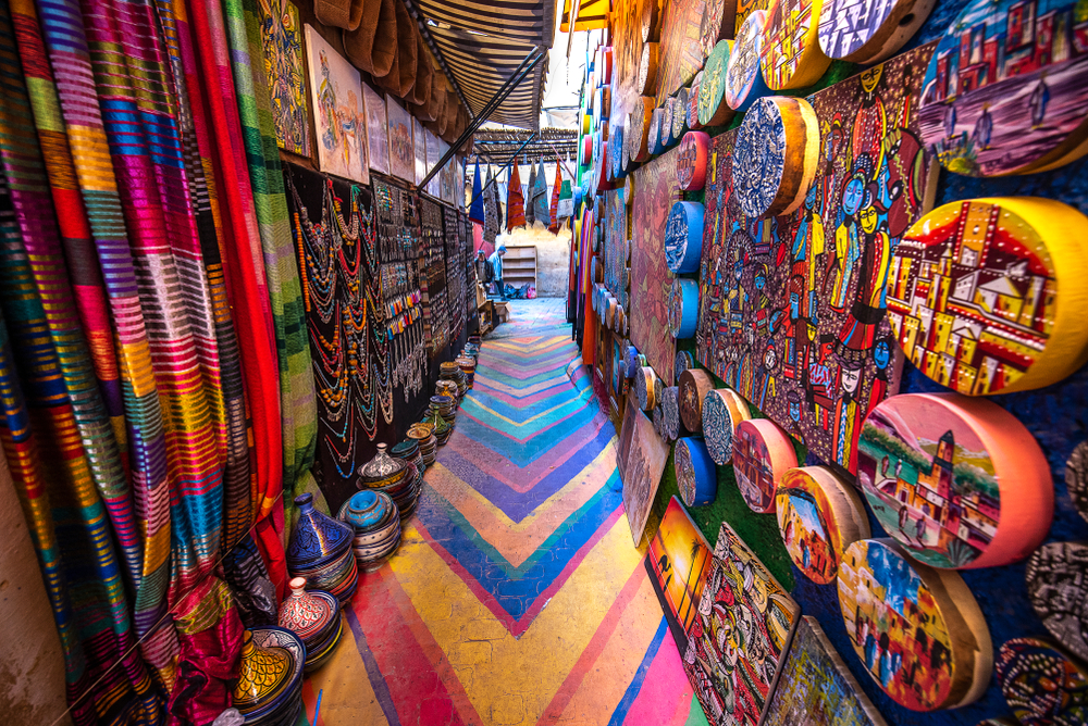 Colorful painted street in the medina of a Moroccan city.