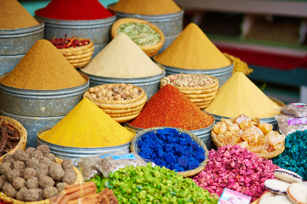 Selection of spices in a souk in Marrakech, Morocco