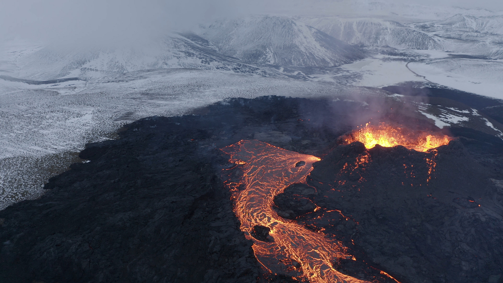 Lava Flows on active volcano aerial view, Mount Fagradalsfjall, Iceland