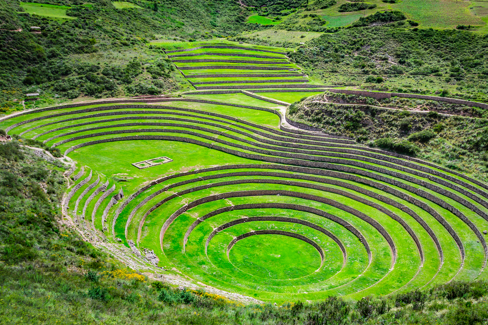 Agricultural terraces in the Sacred Valley. Moray in Cuzco, Sacred Valley, Peru