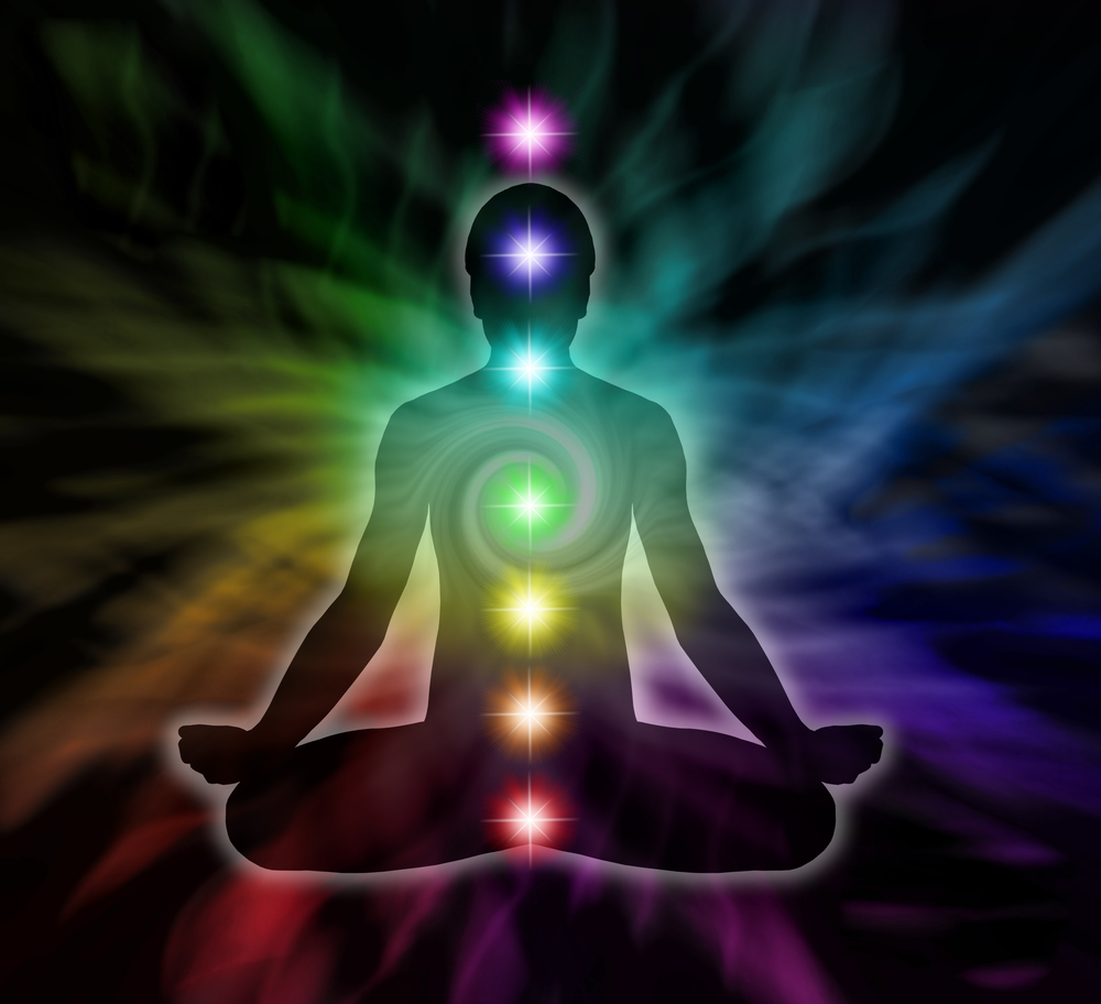 Silhouette of a man in lotus meditation position with Seven Chakras on flowing rainbow energy background