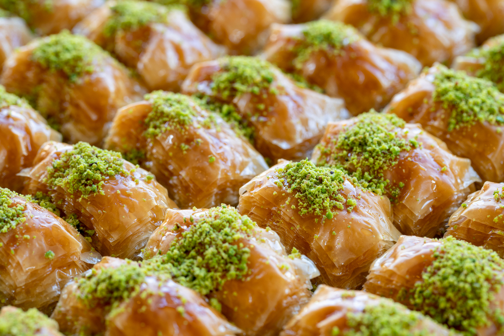 Pistachio baklava. Traditional Middle Eastern Flavors. The local name of Baklava is Fıstıklı Baklava. Close up