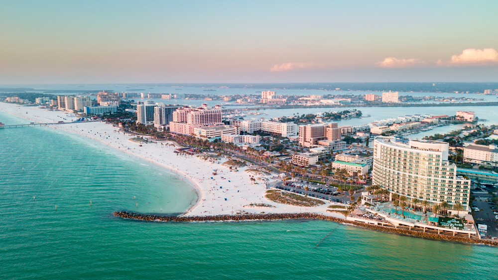 Panorama of city Clearwater Beach FL. Summer vacations in Florida. Beautiful View on Hotels and Resorts on Island. 