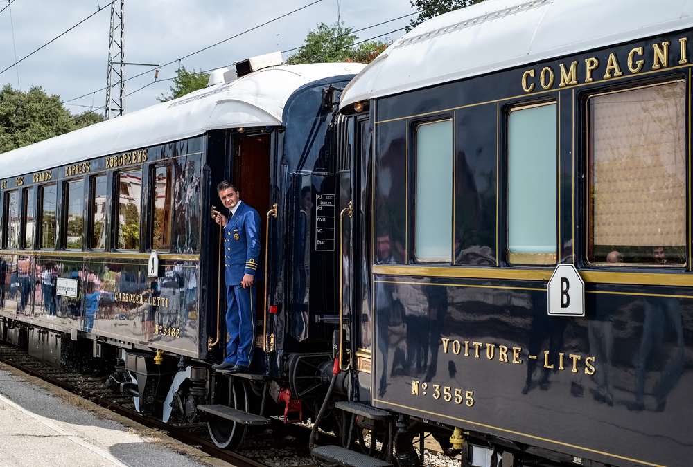 The legendary Venice Simplon Orient Express is ready to depart from Ruse Railway station. Chief wagon