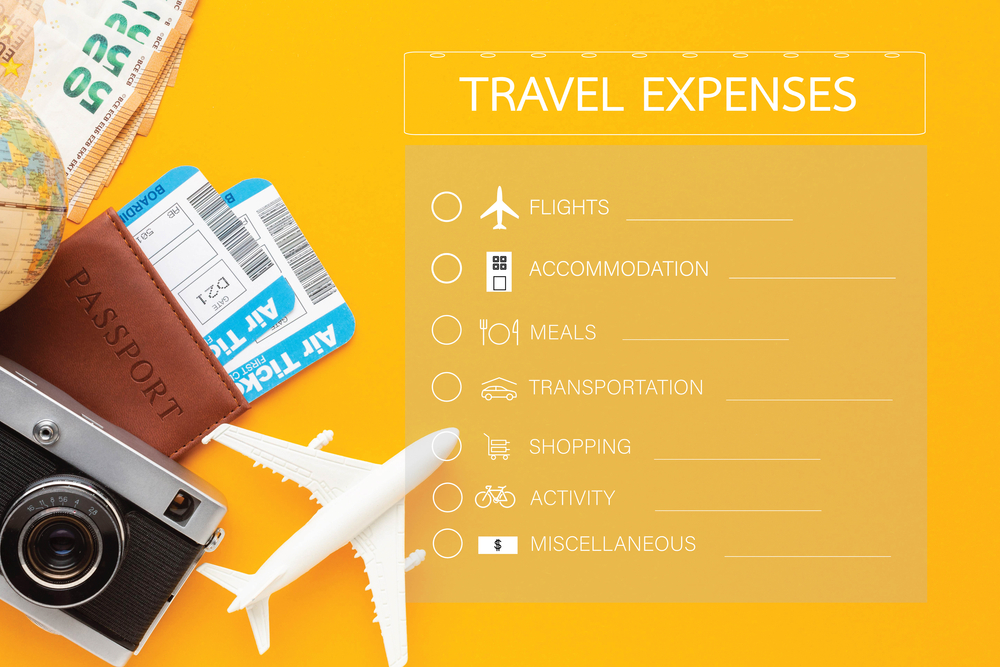 Travel expenses form on flat lay luggage background. Financial travel management concept