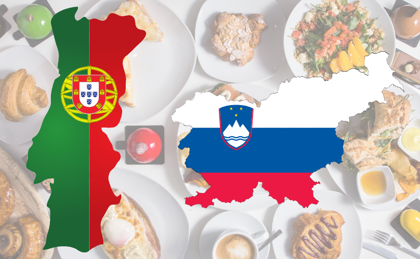 Portugal and Slovenia maps with food in the background