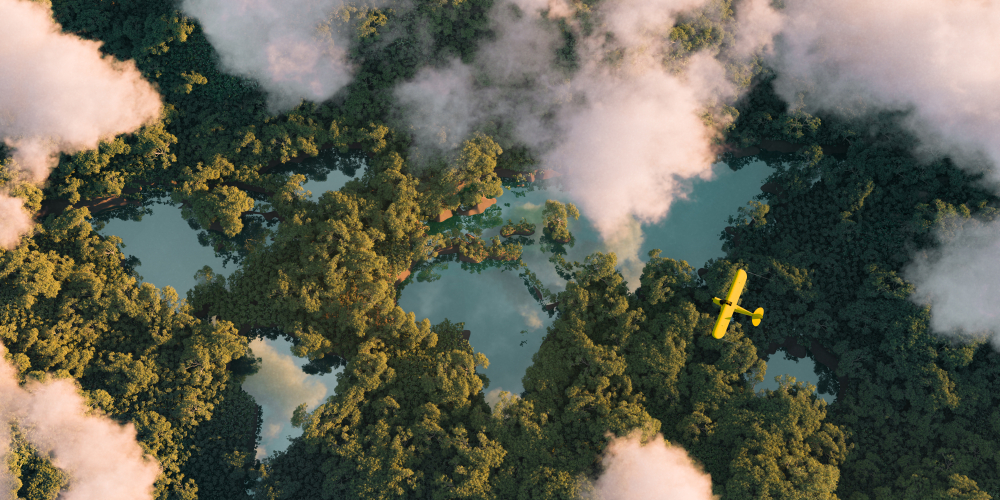 Sustainable habitat world concept. Distant aerial view of a dense rainforest vegetation with lakes in a shape of world continents, clouds and one small yellow airplane.