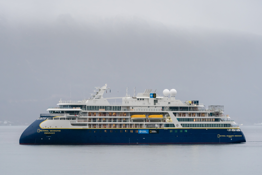 National Geographic Endurance a polar expedition ship on her sea trail inside the fjord of Norway.