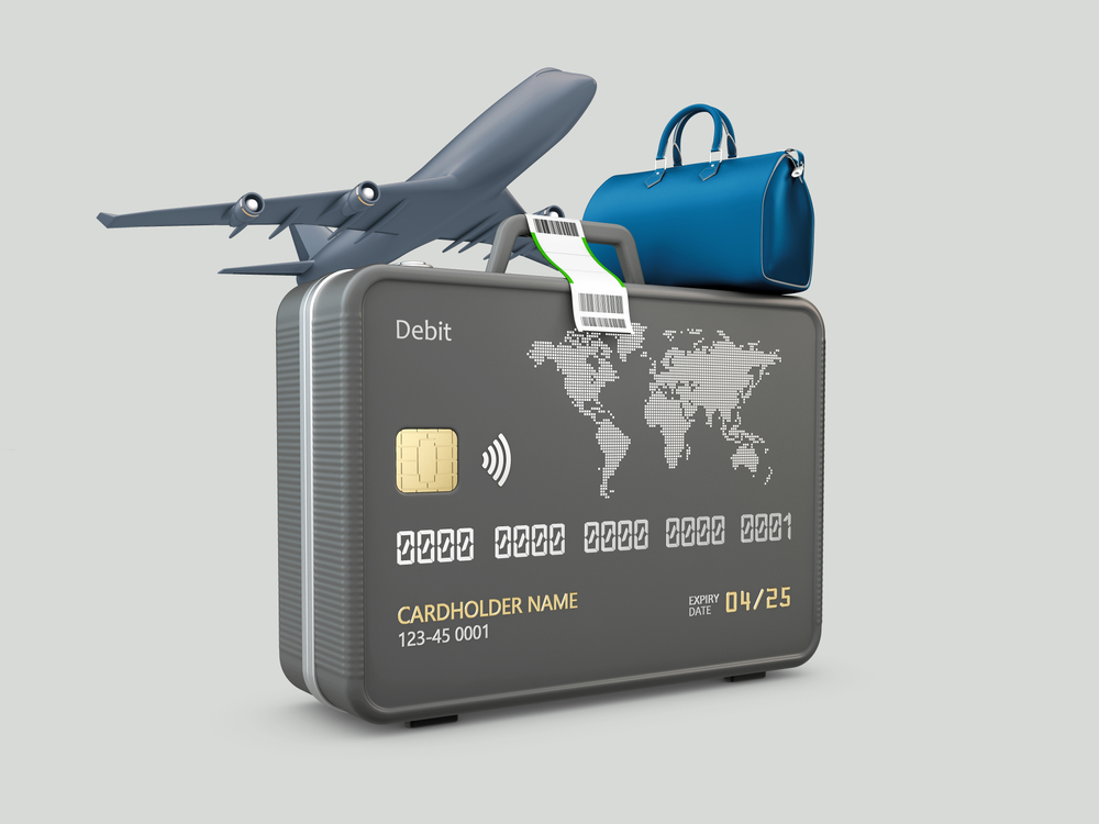 3d Rendering of Travel Bags with bank card and plane. Clipping path included