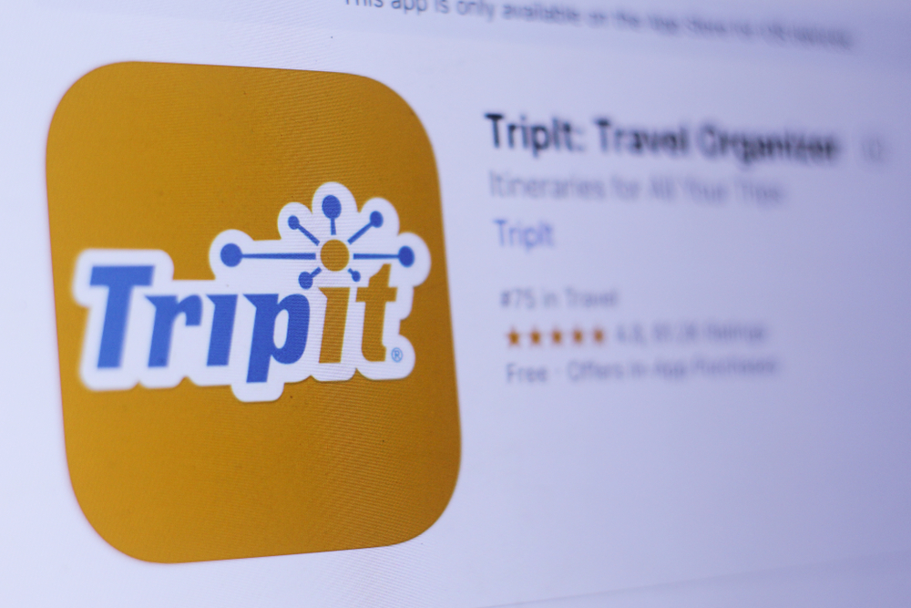 TripIt Travel Organizer app in play store. close-up on the laptop screen.