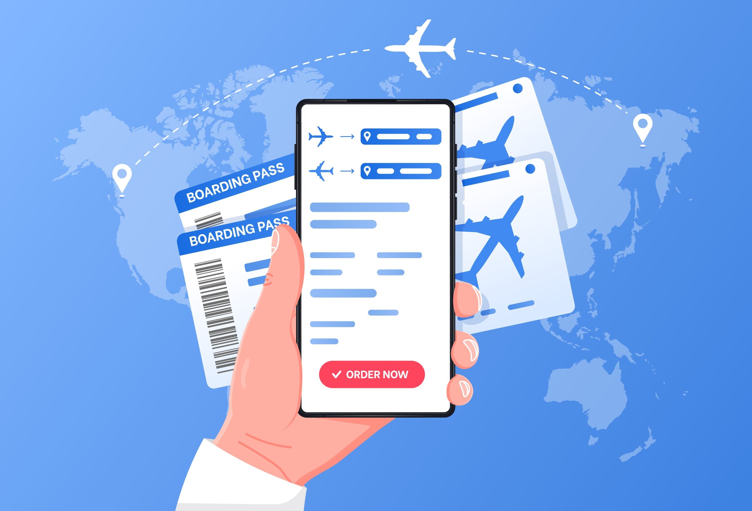 Boarding pass mobile add for online check-in and airplanes flying around in clouds.