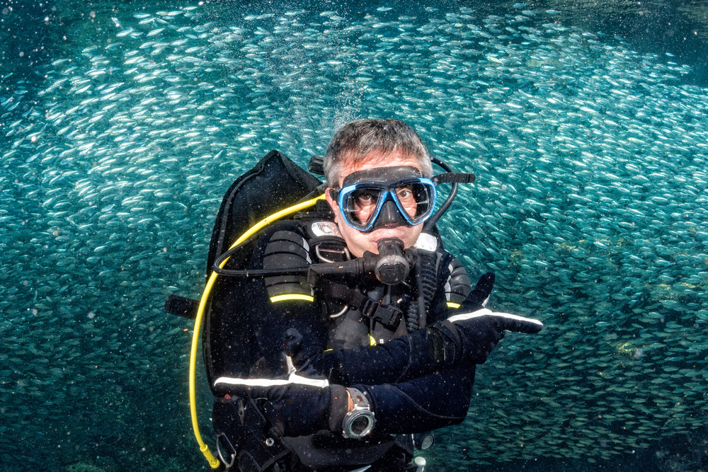 black hair scuba diver in sardine school of fish and corals reef blue ocean background
