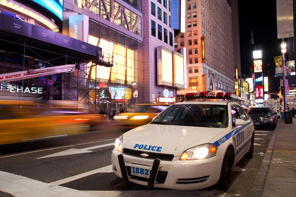 New York Police car is standing by on Times Square New York in the evening after the attempted car bomb incident