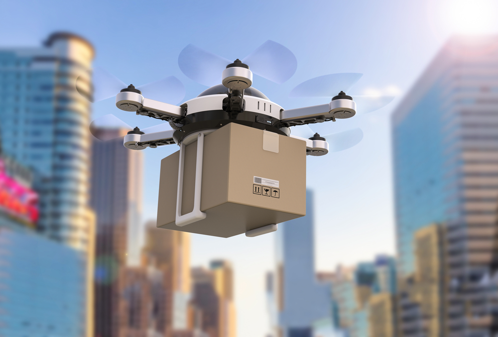3d rendering delivery drone flying with cardboard box
