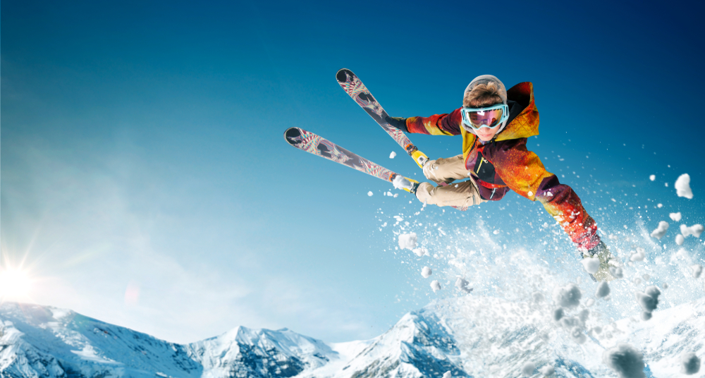 Skiing. Jumping skier. Extreme winter sports.