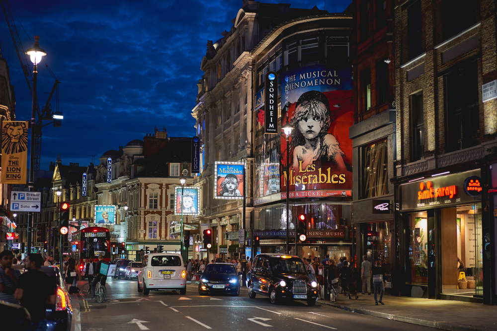 Shaftesbury Avenue, a major street in the West End of London, home of several theatres.