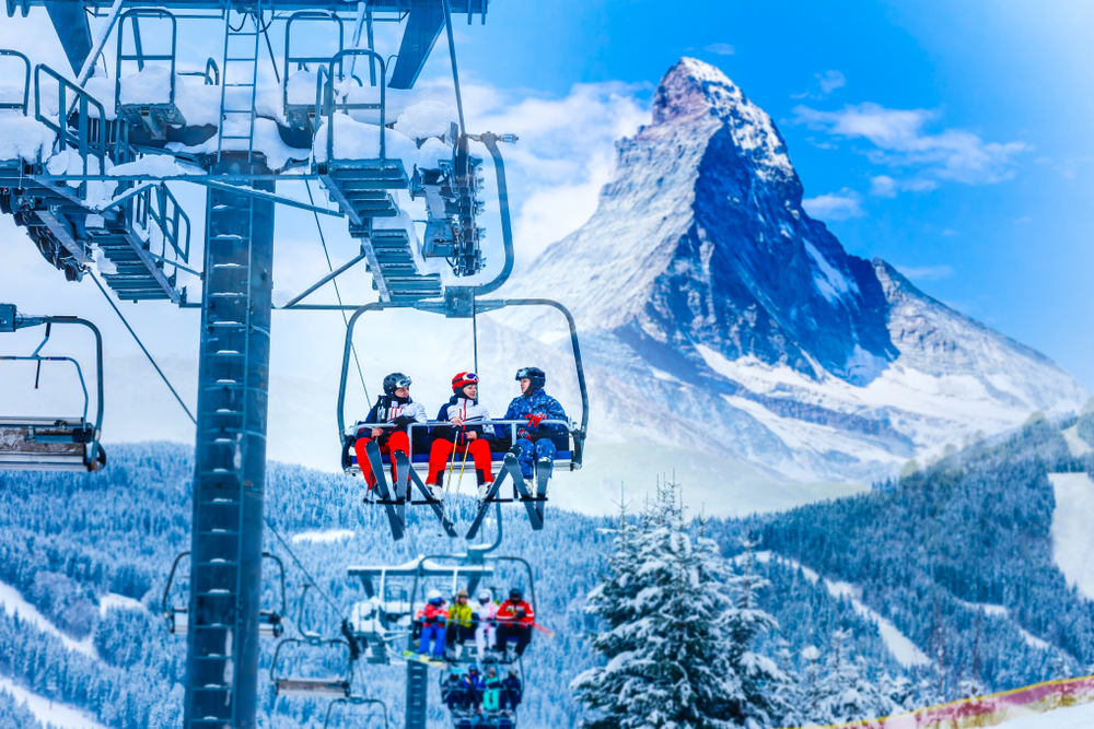 amazing beautiful view of Gornergrat, Zermatt, Matterhorn ski resort in Switzerland with cable chairlift transport