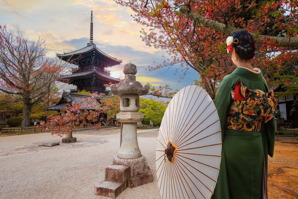 Young Japanese woman in a traditional Kimono dress at Shinnyodo temple in Kyoto, Japan