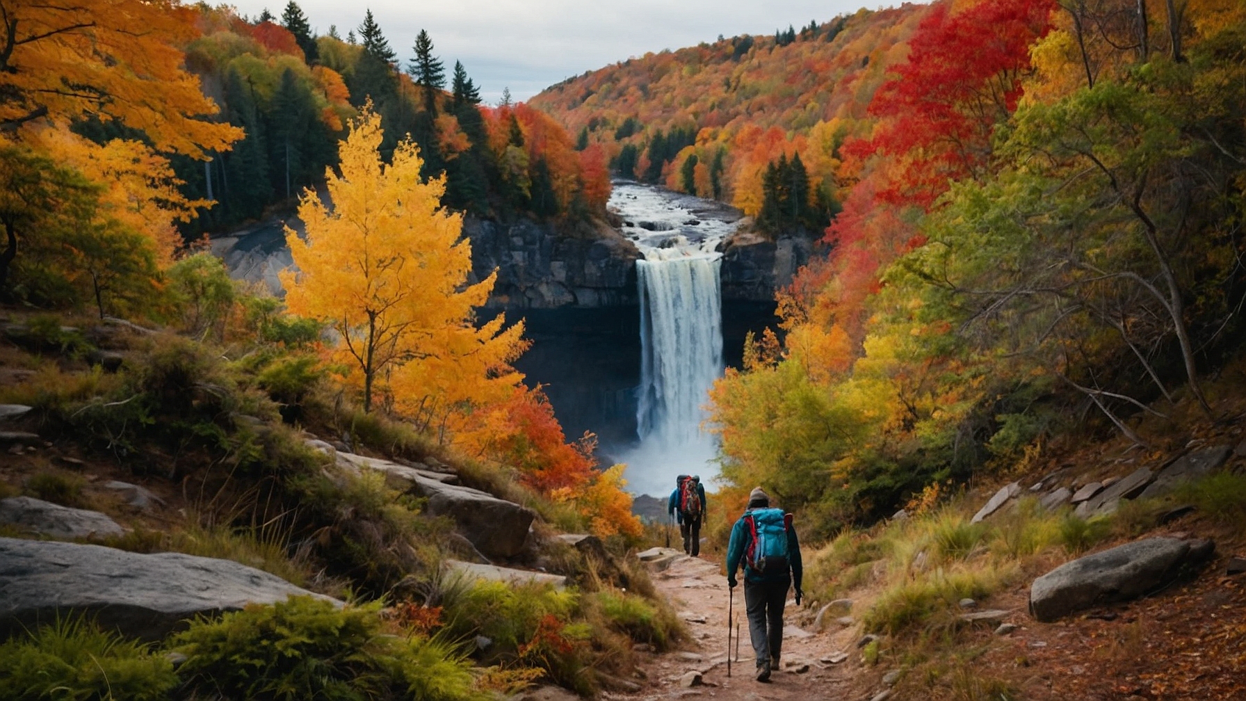 a winding forest trail with vibrant autumn leaves, city skyline in the background, hikers with backpacks, and trail markers leading to a hidden waterfall.