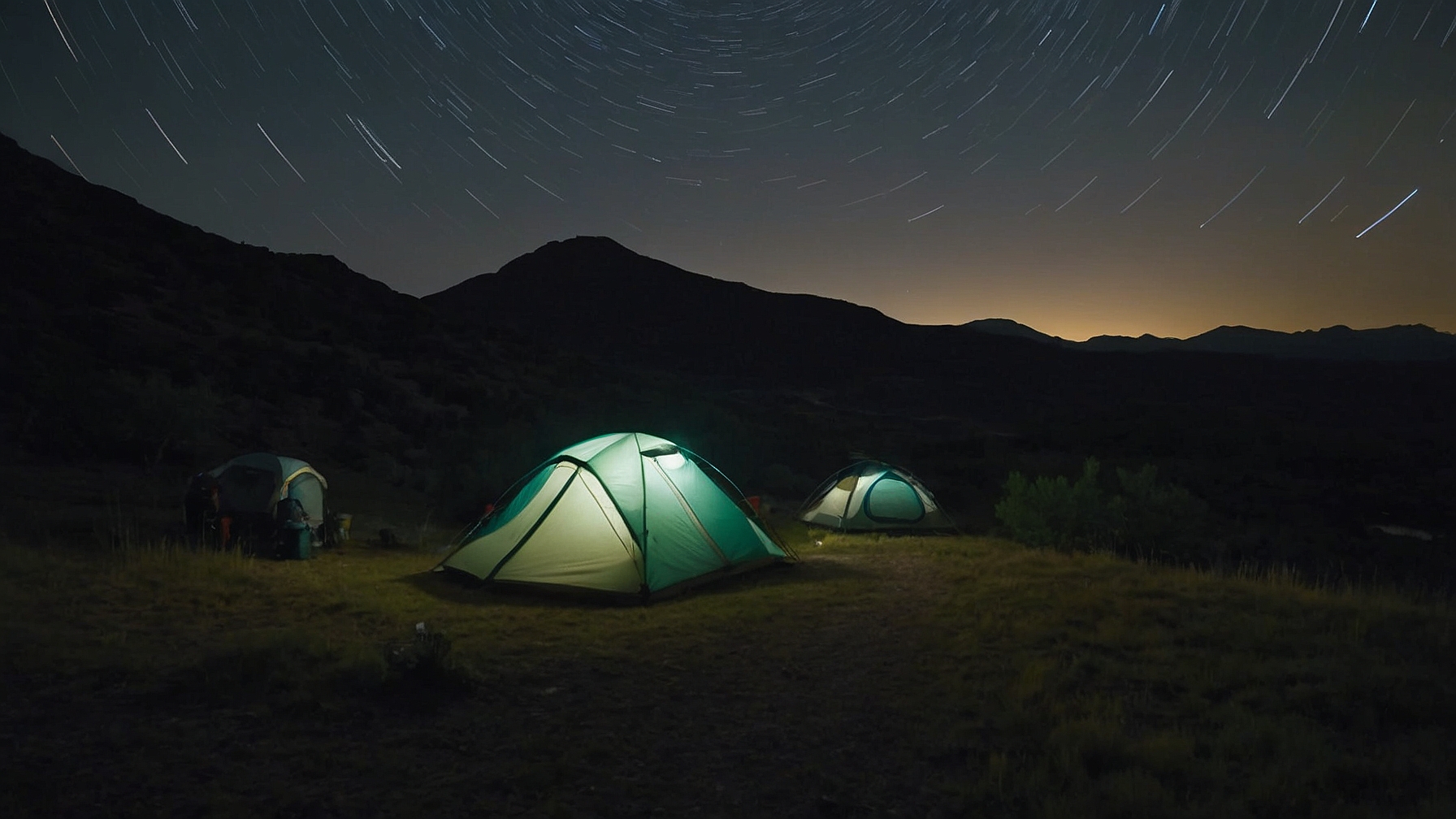 campsite showing strategic tent placement away from artificial light, with a highlighted path leading to a perfect, unobstructed stargazing spot.