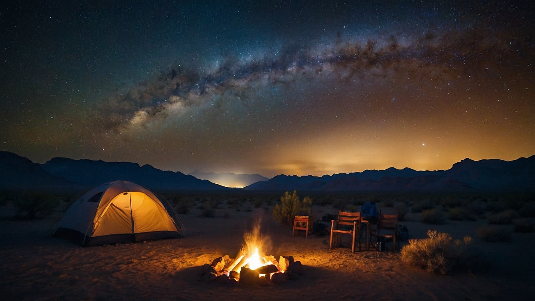 desert campsite under a crystal-clear night sky, with a mesmerizing view of the Milky Way, glowing tents, and a crackling campfire