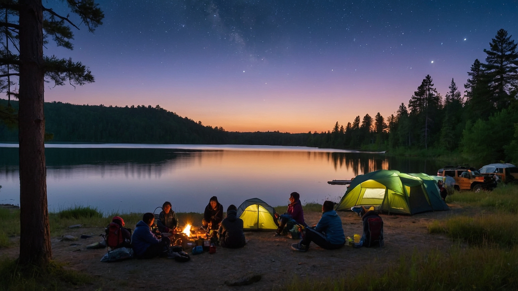 serene lakeside campsite at twilight with families setting up high-tech telescopic gear, interactive constellations forming above