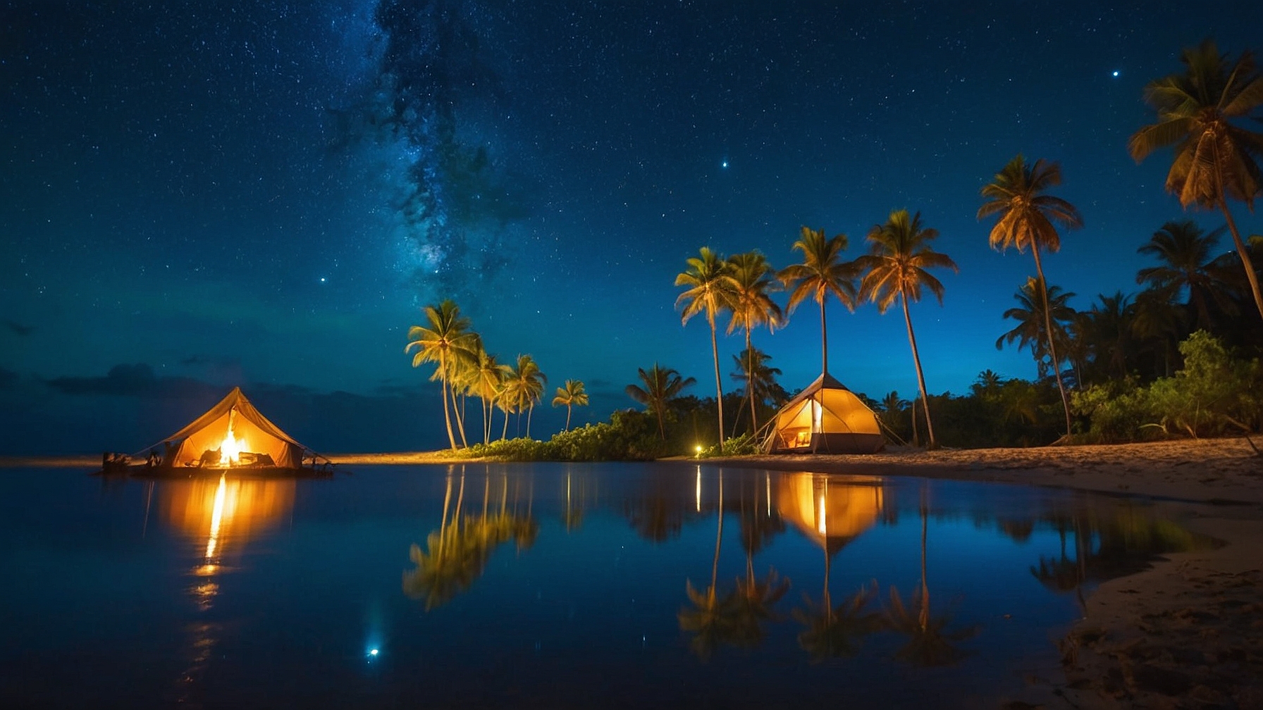 tropical beach camp, night sky full of stars reflected on calm waters, campfires lined with shells, and a digital sky guide hovering beside palm trees