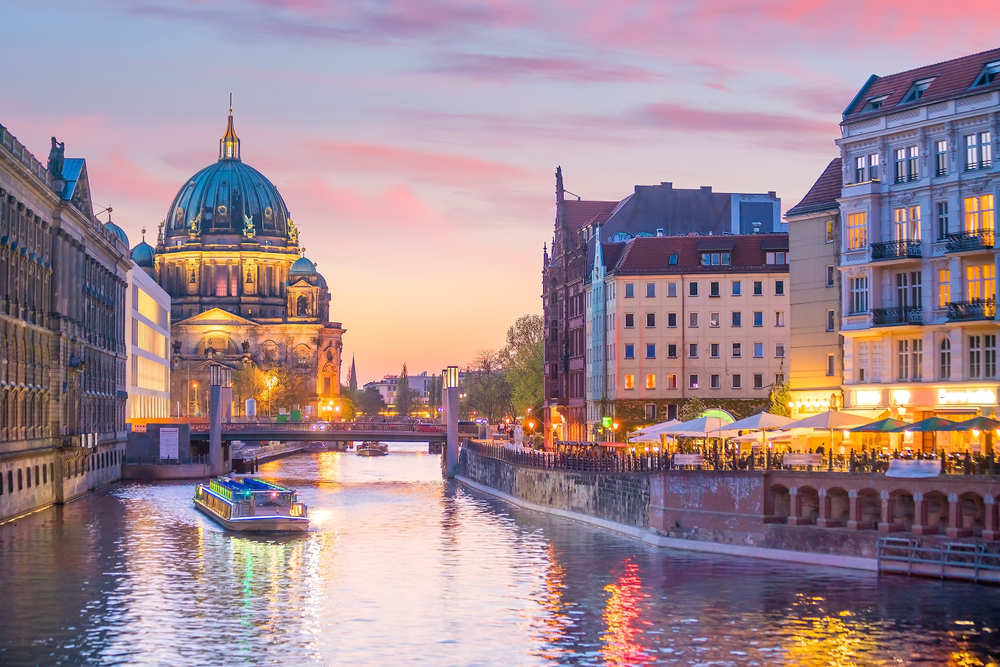 Berlin skyline with Berlin Cathedral (Berliner Dom) and Spree river at sunset twilight, in Germany