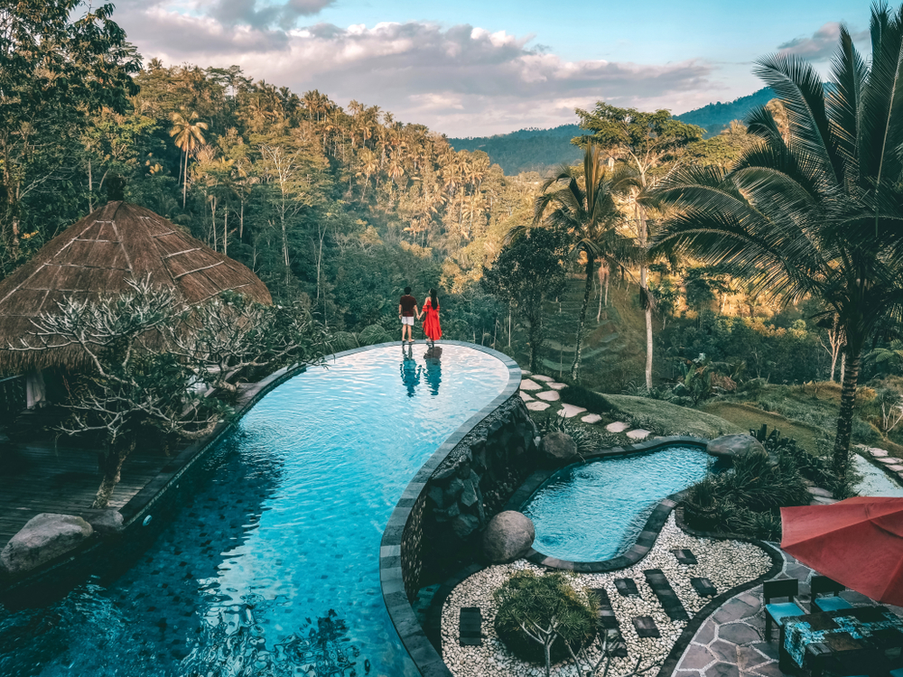 Holiday Weekend relaxing in luxury with tropical Jungle villa resort luxurious swimming pool Bali , Indonesia