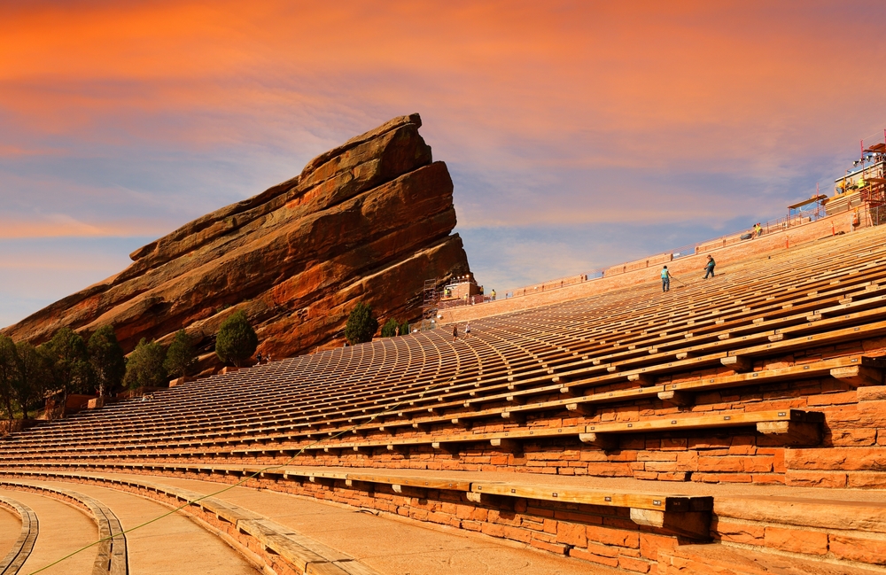 Curved benches at Red Rocks Amphitheatre in Denver Colorado. Red Rocks Amphitheatre is one of the world's best concert venues.