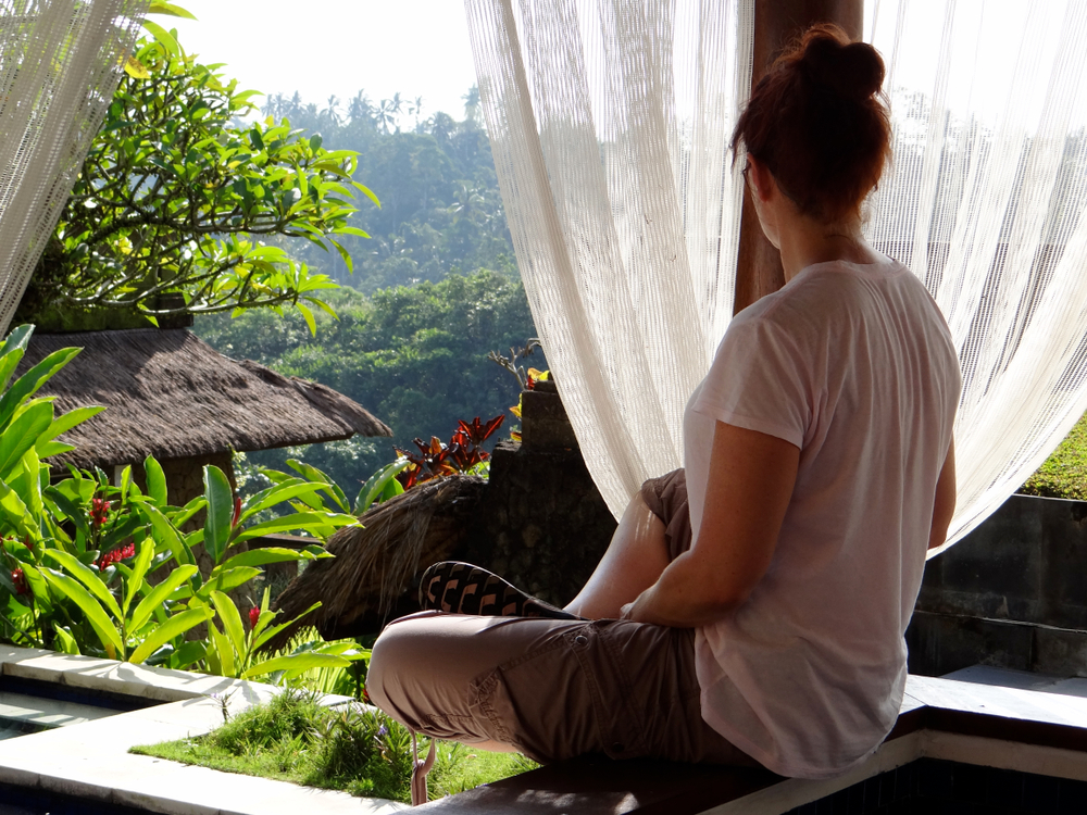 Bali, Indonesia - Eat, pray, and love with this breathtaking view from the Como Shambhala Estate. The landscape made up of rice paddies, distant volcanoes, lush river valleys, and tropical jungle.