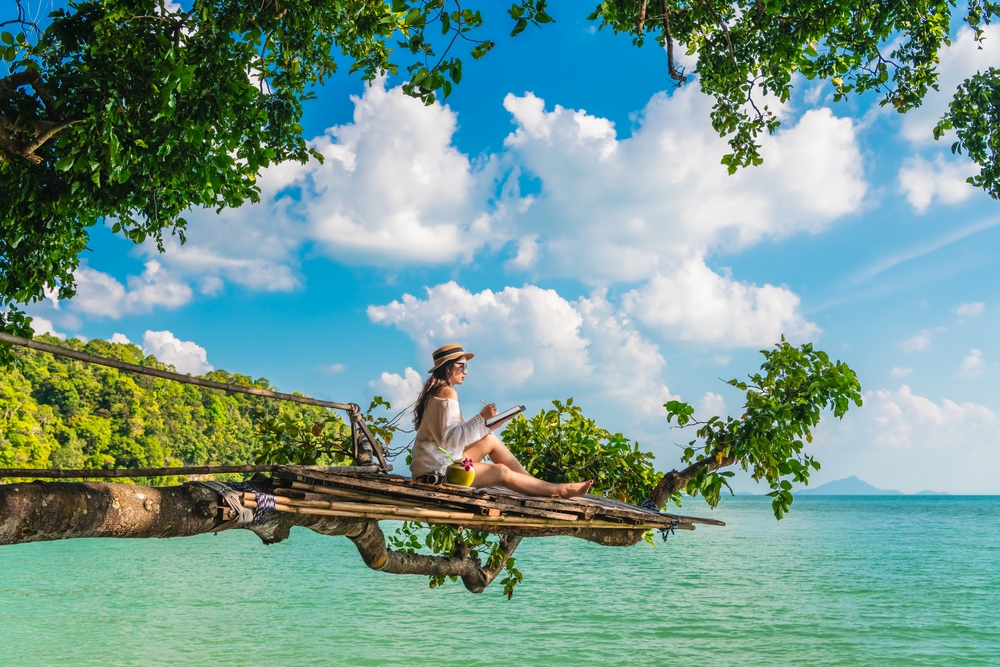 Traveler woman on tree branch using tablet joy nature scenic landscape Railay beach Krabi, Digital nomad work travel Phuket Thailand summer holiday vacation trip, Tourism beautiful destination Asia