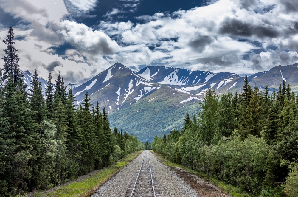 Railroad to Denali National Park, Alaska with impressive mountai