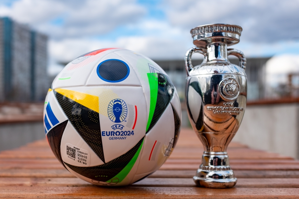 The trophy and the official ball of the European Football Championship 2024 Adidas EURO 24 Fussballliebe.