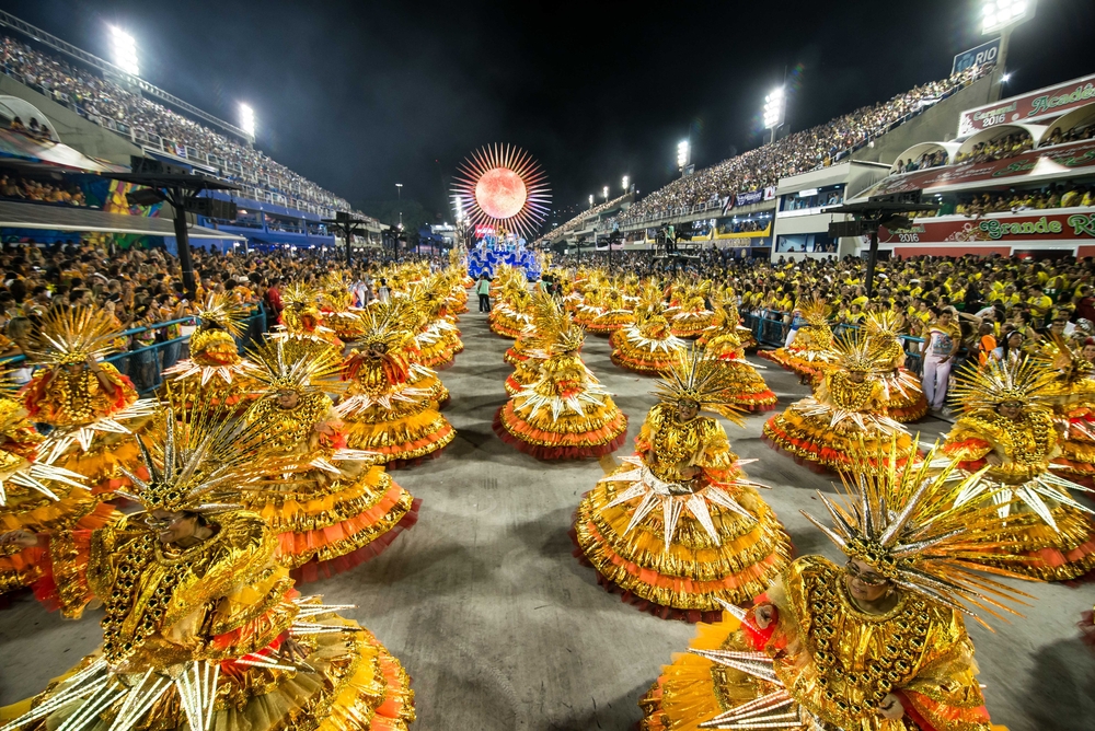 RIO DE JANEIRO, Brazil - february 07, 2016: Samba school parade Ilha do Governador during the 2016 carnival in Rio de Janeiro, the Sambodromo.