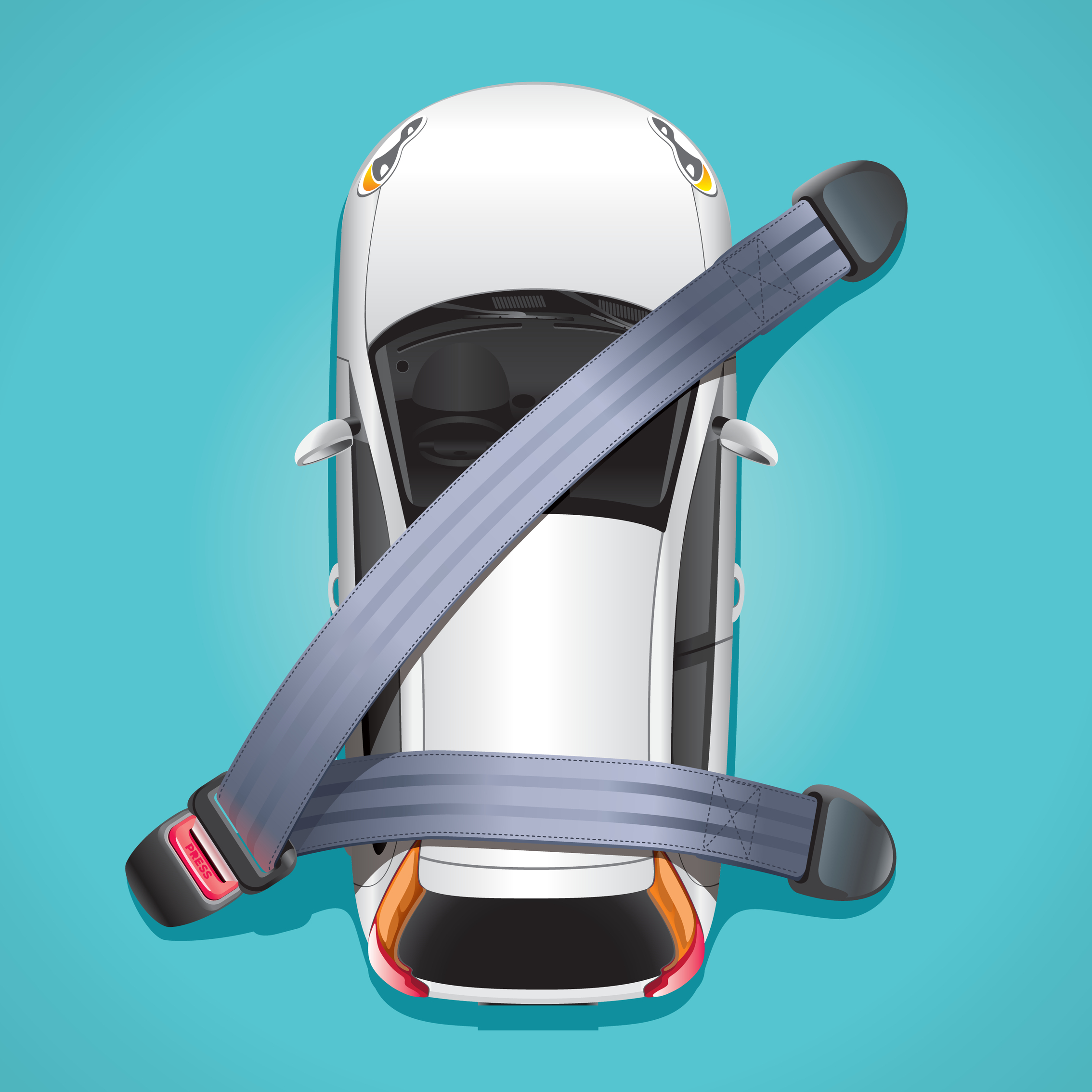 The concept of safety in a car. A white car on a blue background is attached seat belts and protected from crashes and accidents.