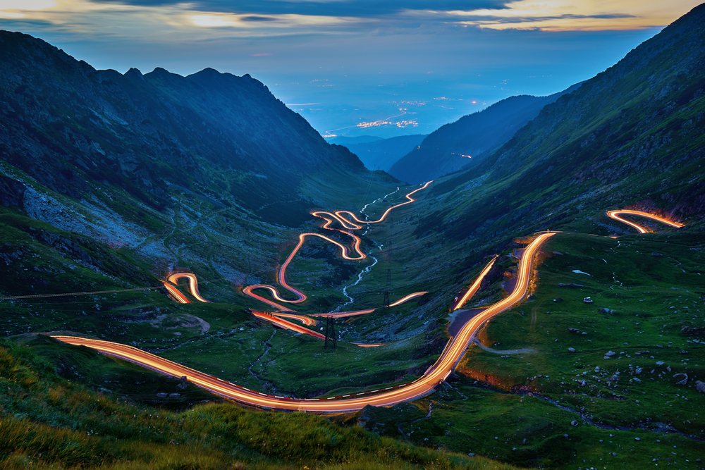 The Transfagarasan highway in Romania at night time