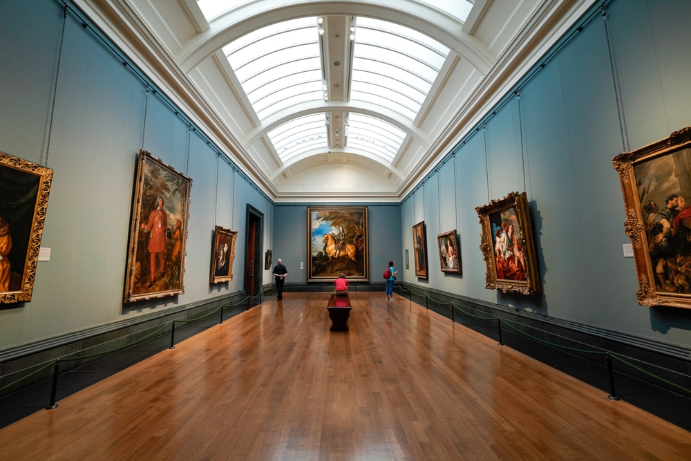 Interior of the National Gallery, Clore Room. The National Gallery is an art museum in Trafalgar Square in the City of Westminster, in Central London.