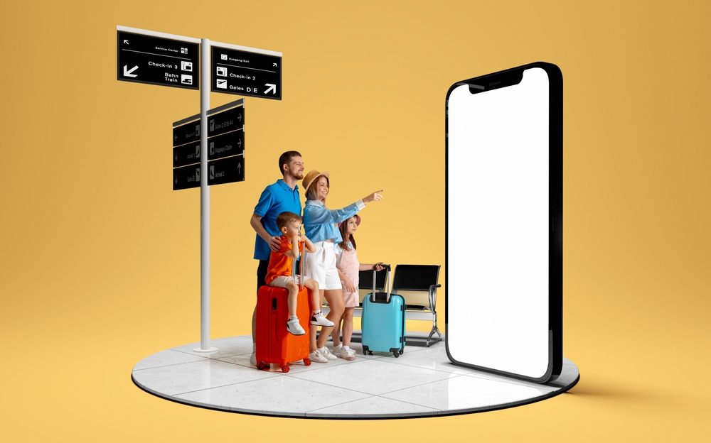 Stylish happy young family, man, woman and children standing with suitcases, pointing at 3D model of mobile phone screen. Travelling destination. Concept of vacation, Internet service, booking tickets