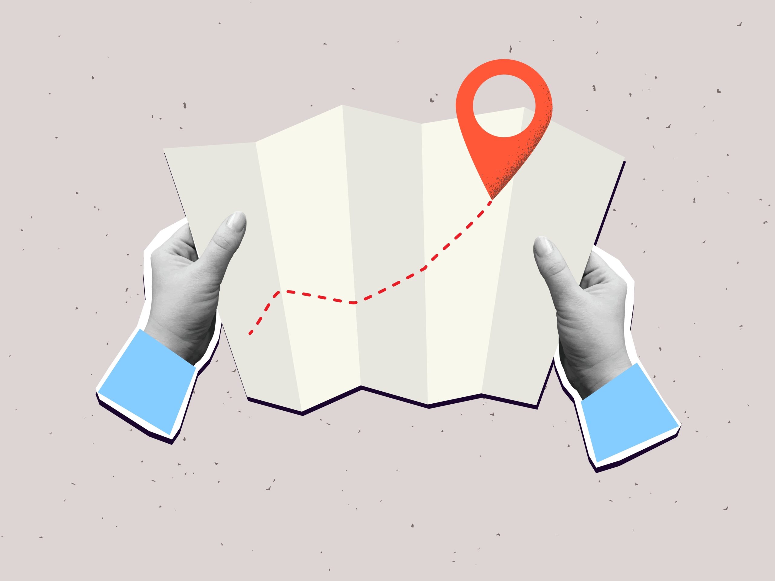 Hands holds a map with a way and a red pin mark. Target or destination concept. Modern collage vector illustration